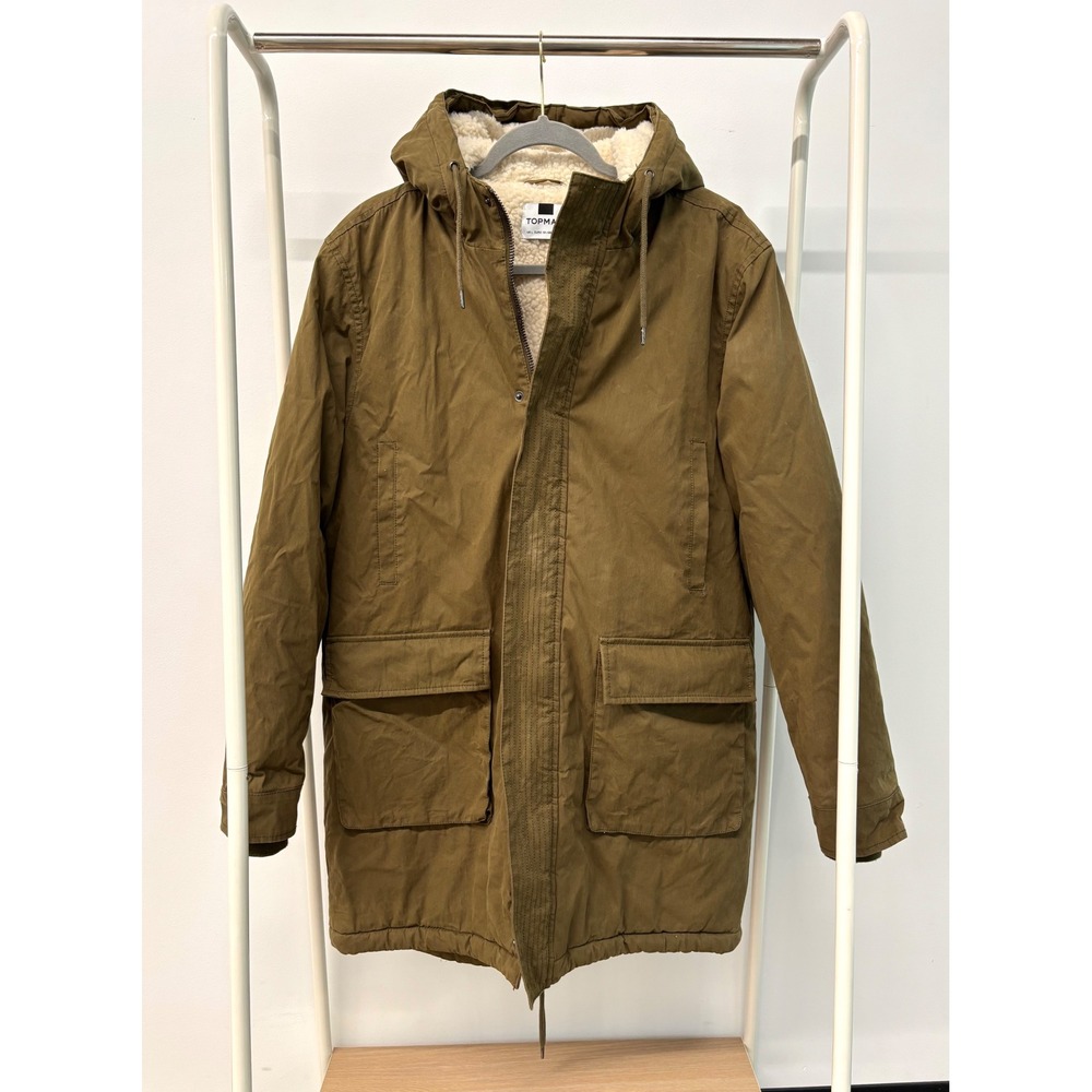 Topman Mens Size. Large Sherpa Lined Hooded Parka Jacket Olive Green Fishtail